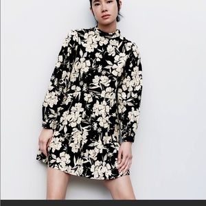 Zara High Neck Floral Black and White Mini Dress size SMALL